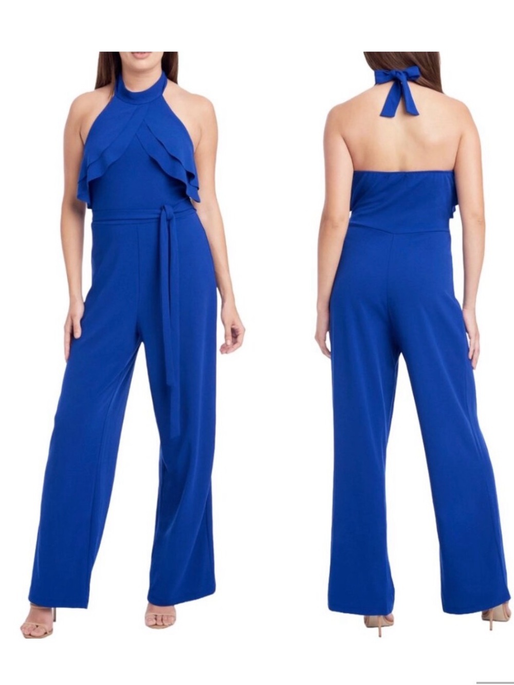 bebe Cobalt Halter Ruffle Wide-Leg Jumpsuit